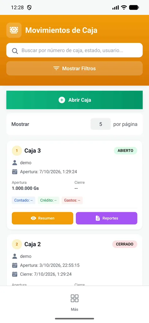 Pantalla de movimientos de caja de la app